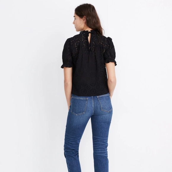 Madewell ‘Embroidered Eyelet Ruffle-Neck Keyhole Top’ in Black - Picture 6 of 8
